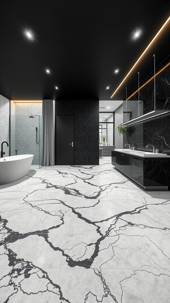 Luxurious bathroom featuring a textured black and white marble epoxy floor with modern fixtures.