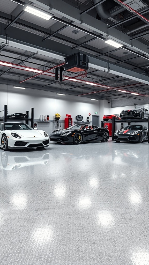 A modern luxury garage with textured epoxy flooring and three high-end cars on display.
