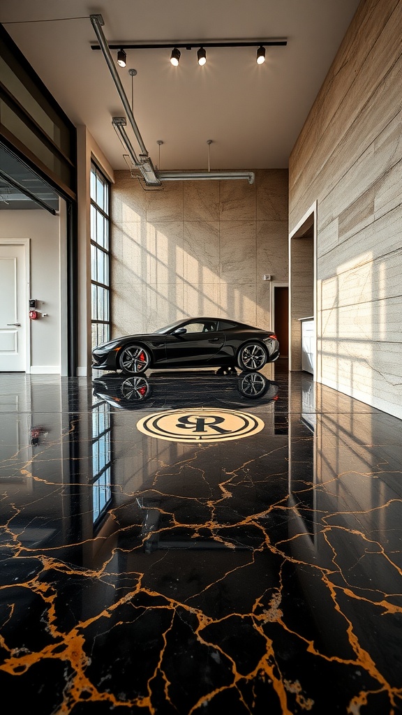 A stylish garage featuring a black epoxy floor with gold veining and a luxury car.