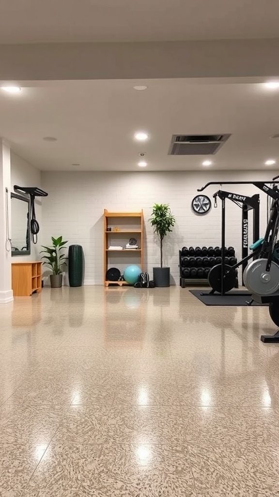 A basement workout area featuring textured epoxy flooring, exercise equipment, and colorful exercise balls.