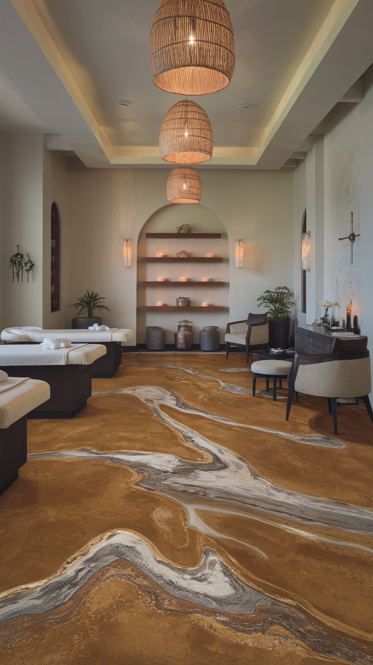 Luxurious textured epoxy flooring in a serene spa setting.