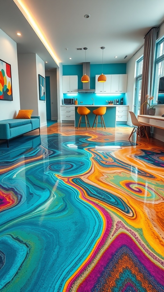 A colorful epoxy floor design featuring teal, orange, and purple swirls in a modern kitchen setting.