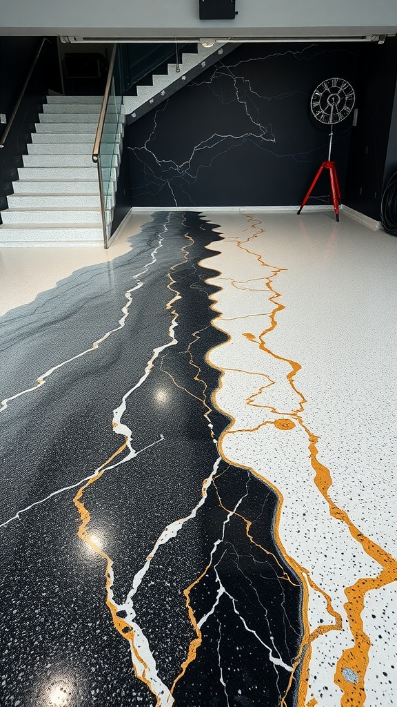 Textured epoxy floor design in a modern setting showing black and gold patterns