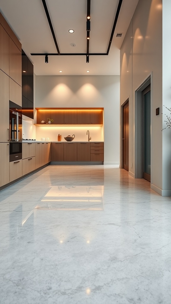 A modern kitchen with a polished concrete epoxy floor reflecting light, featuring a textured finish for safety.