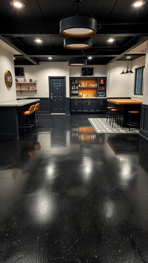 Stylish basement with black textured epoxy floor and modern design elements.