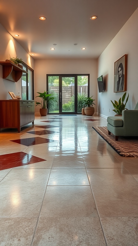Modern interior with textured epoxy floors featuring geometric designs.