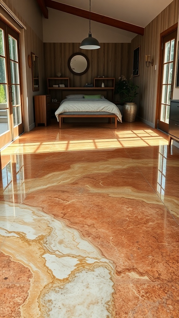 A beautifully textured copper epoxy floor reflecting light in a modern bedroom.