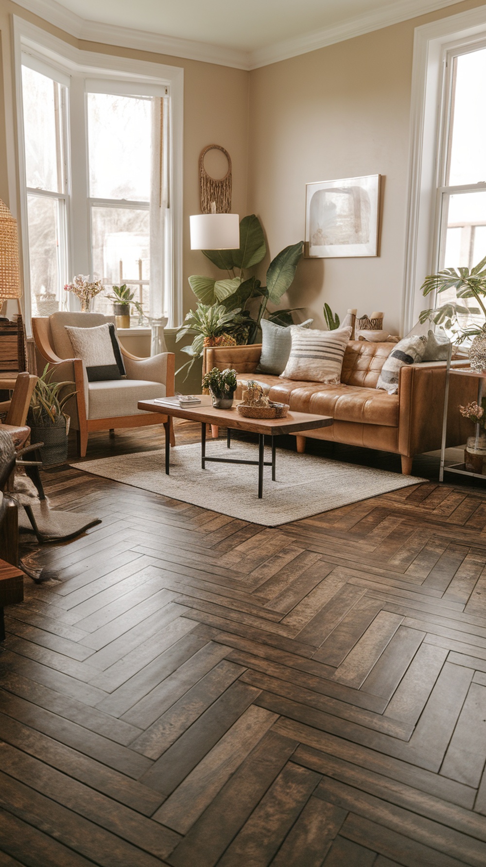 A cozy living room featuring herringbone stamped concrete flooring that resembles hardwood, with a leather sofa and plants.