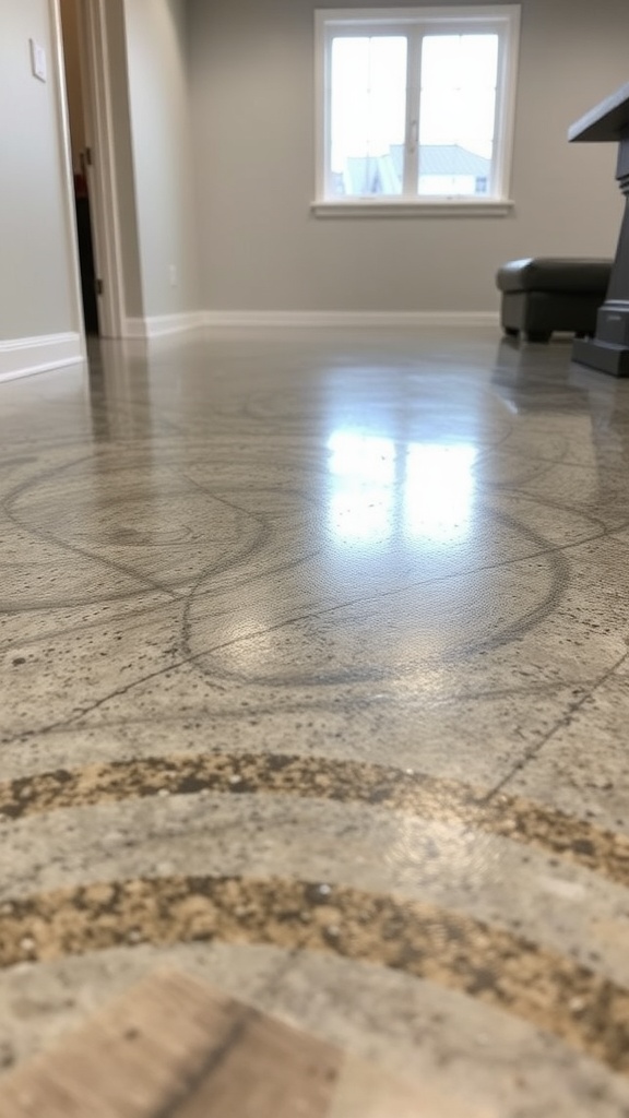 A split image showing two different textured epoxy floor finishes in a game room setting.