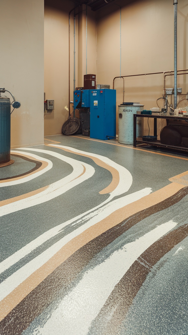 Textured epoxy flooring with wavy patterns in various earthy tones.