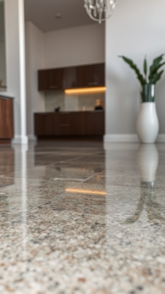 A close-up view of shiny epoxy flooring with textured finishes in a modern kitchen setting