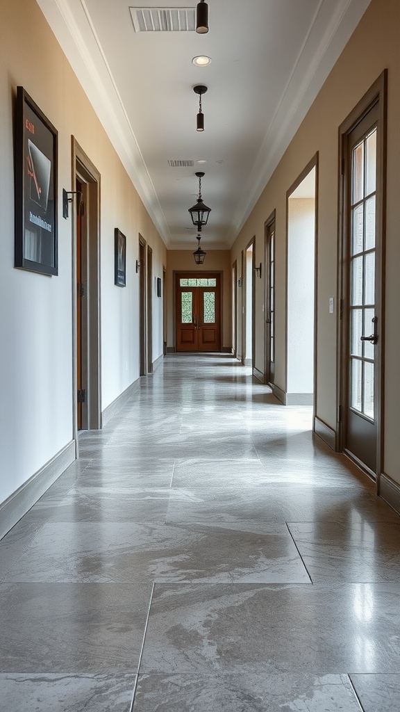 A long corridor with textured concrete flooring and brightly lit ceiling.