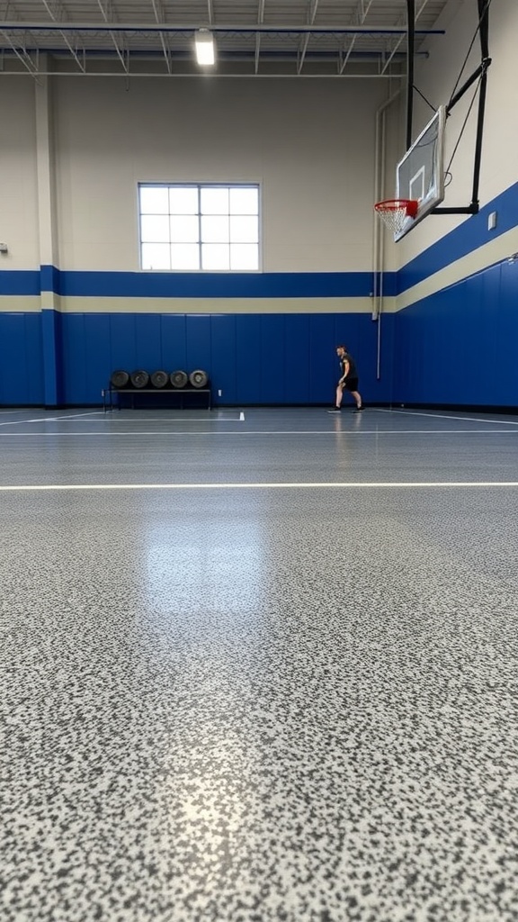 Modern interior with textured epoxy flooring showcasing a mix of colors and patterns.
