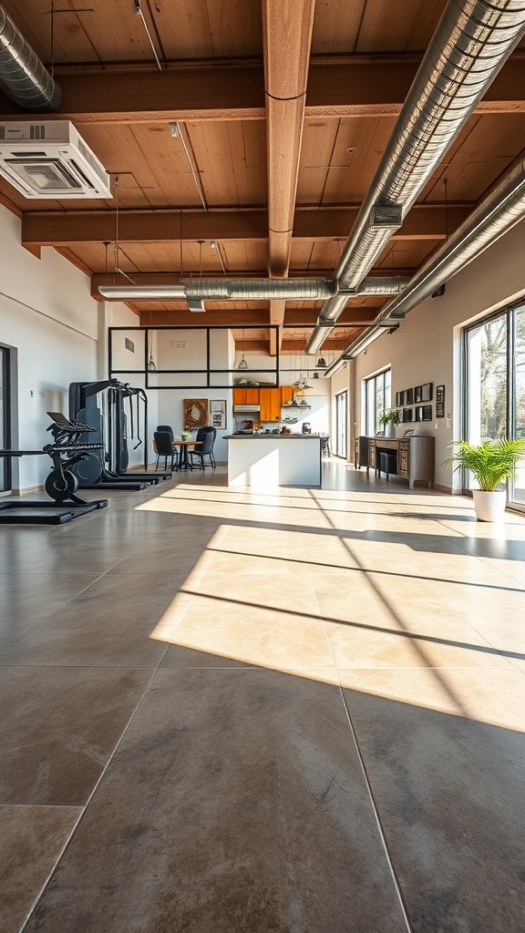 A spacious room with polished concrete flooring, showcasing an inviting atmosphere and ample natural light.