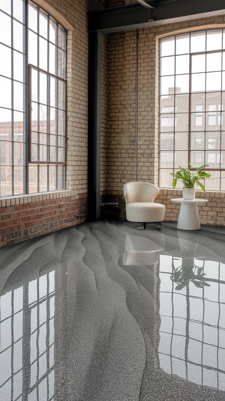 A stylish interior with textured gray and charcoal flake flooring, featuring large windows and minimalist furniture.