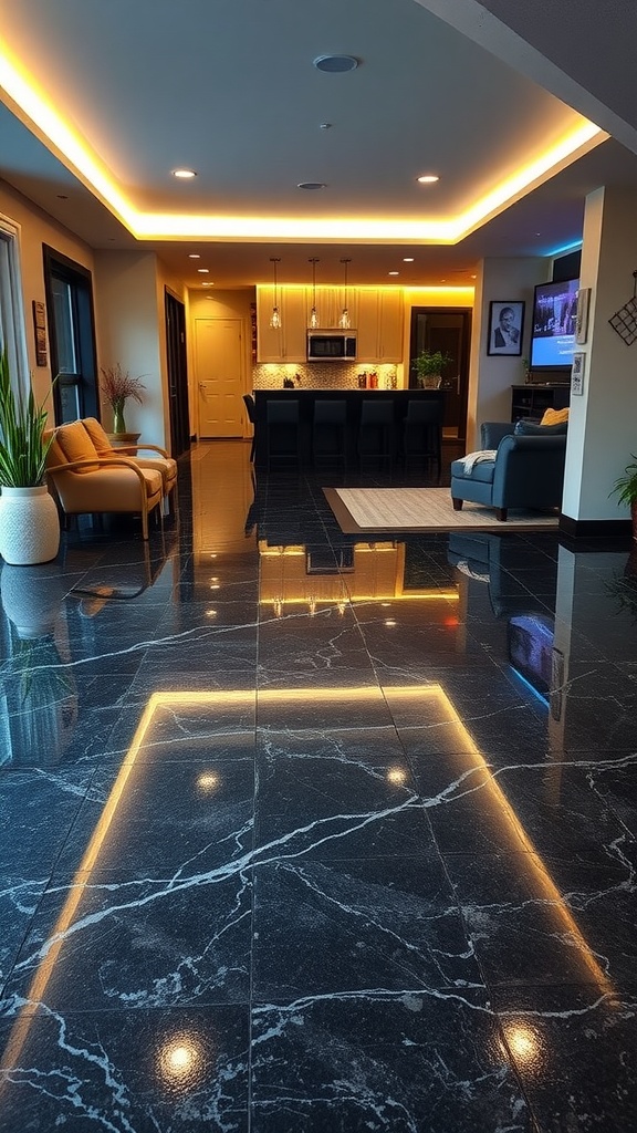 Polished resin floor with marble-like appearance in a modern interior space