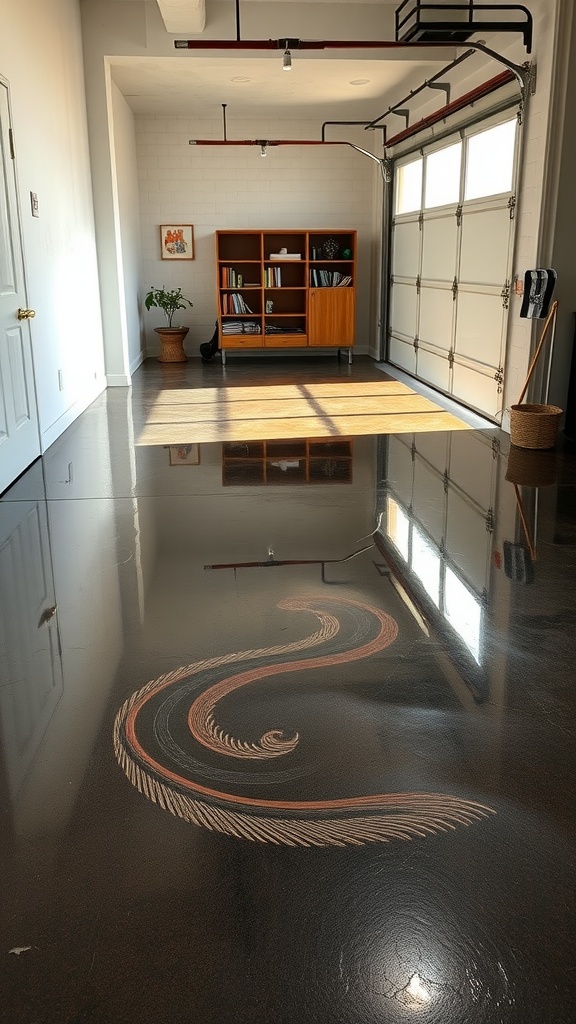A stylish epoxy concrete floor featuring a black finish with artistic swirls, showcasing a modern garage space.
