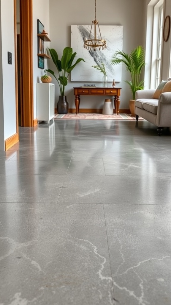 A modern living room featuring textured cement floors with various colors and patterns, showcasing a blend of rustic and refined styles.