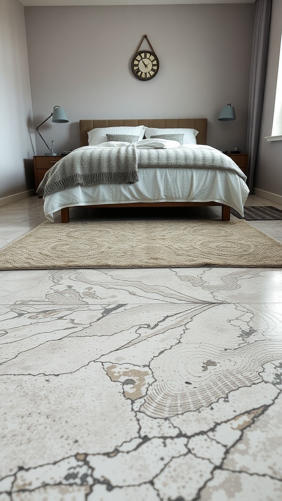 Cozy bedroom with textured epoxy floor and wooden furniture, featuring a neutral color scheme and soft bedding.