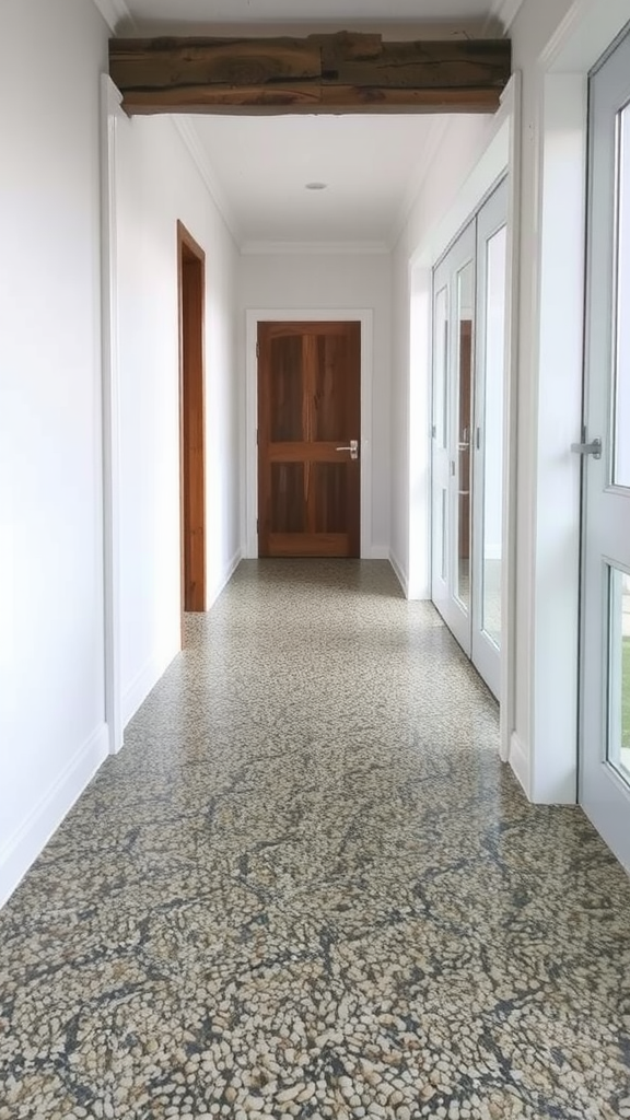 A hallway showcasing textured pebble epoxy flooring with wooden doors and a bright ambiance.