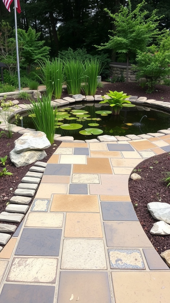 A pebbled outdoor walkway leading to a pond and seating area.