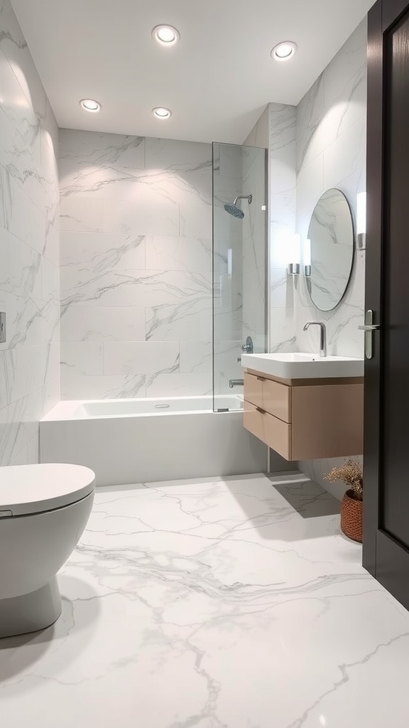 Bathroom floor with a textured pebble finish, featuring smooth stones in various colors.