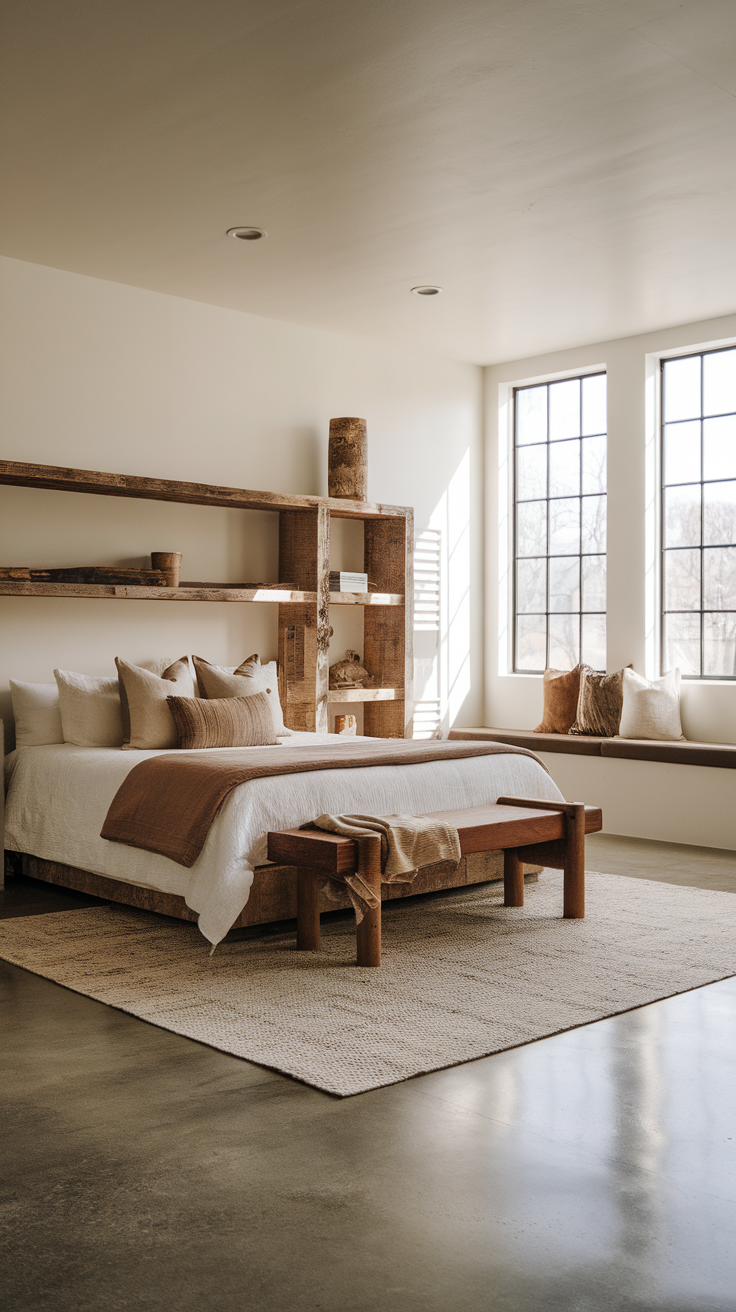A relaxing bedroom with a textured slate gray polished concrete floor, reclaimed wood furniture, and natural textiles.