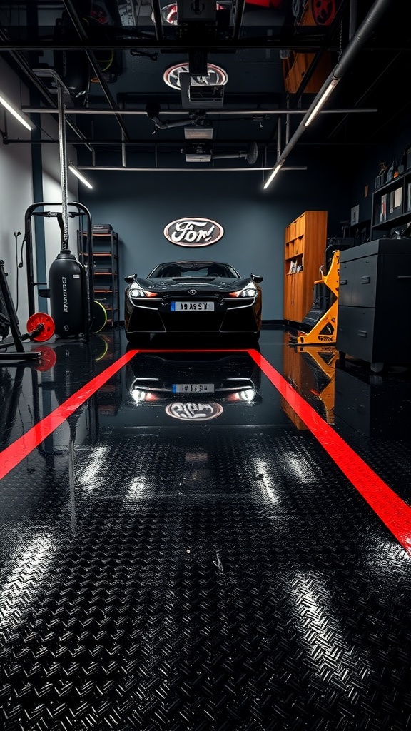 A modern garage featuring a black epoxy floor with a textured surface, showcasing a sleek car and gym equipment.