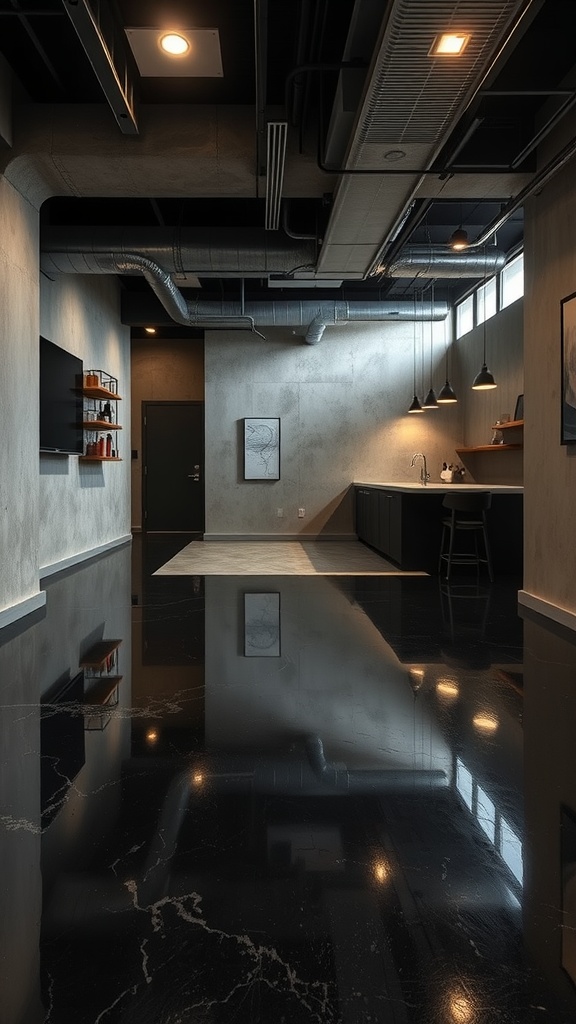 Modern basement with polished black epoxy floor and industrial design elements
