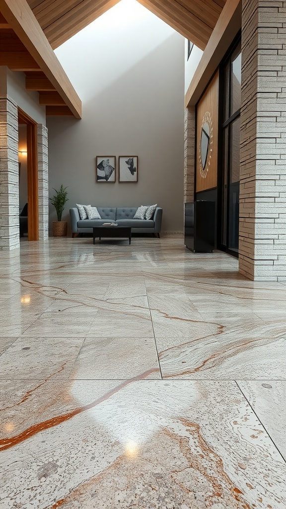 A spacious interior featuring textured stone and gravel epoxy flooring, with a cozy seating area and modern decor.