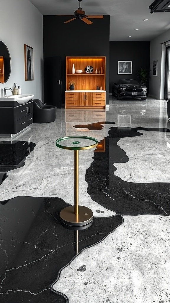 A modern room featuring a stylish textured stone appearance epoxy floor with black and white tones.