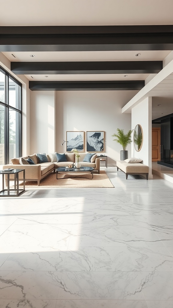 Living room featuring a textured stone epoxy floor finish, showcasing modern design elements.