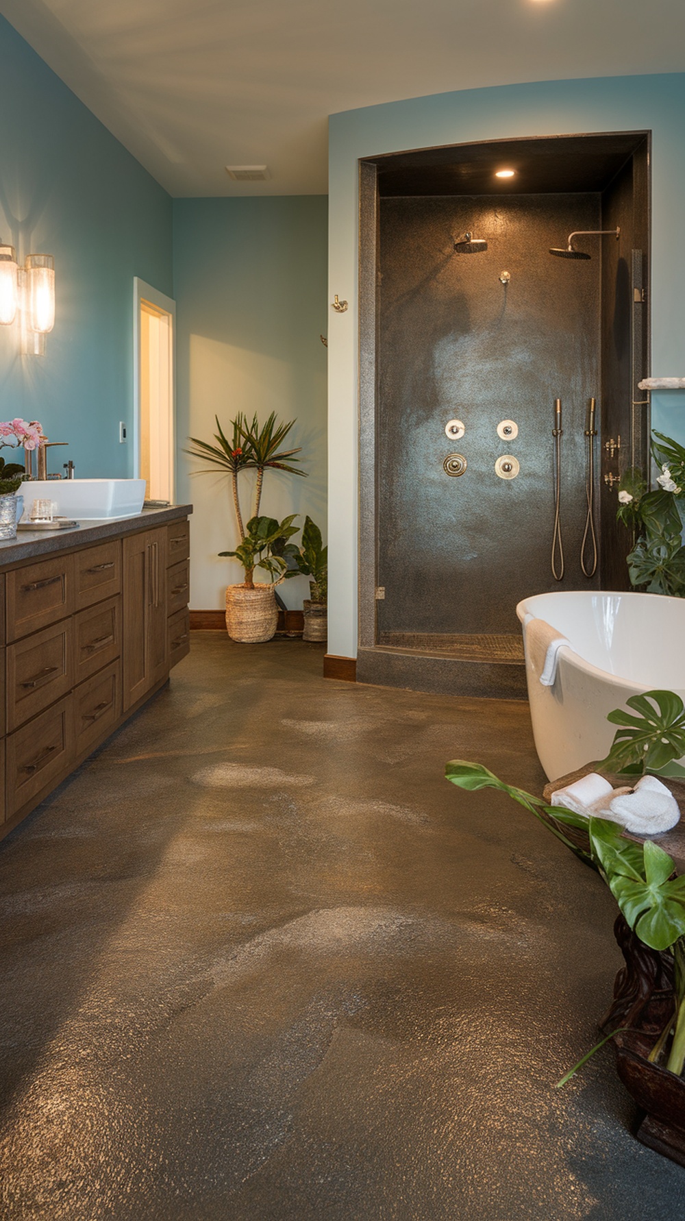 A modern bathroom featuring a textured stone epoxy floor, showcasing a blend of natural stone aesthetics and contemporary design.