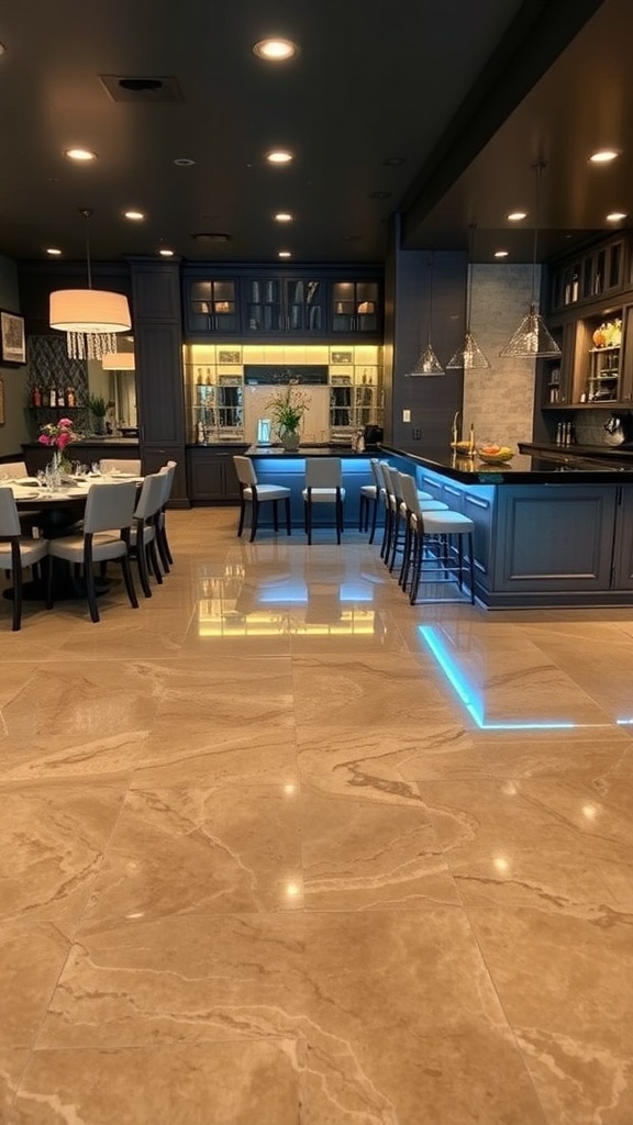 Interior space featuring a polished resin floor that resembles marble, with elegant furniture and lighting.