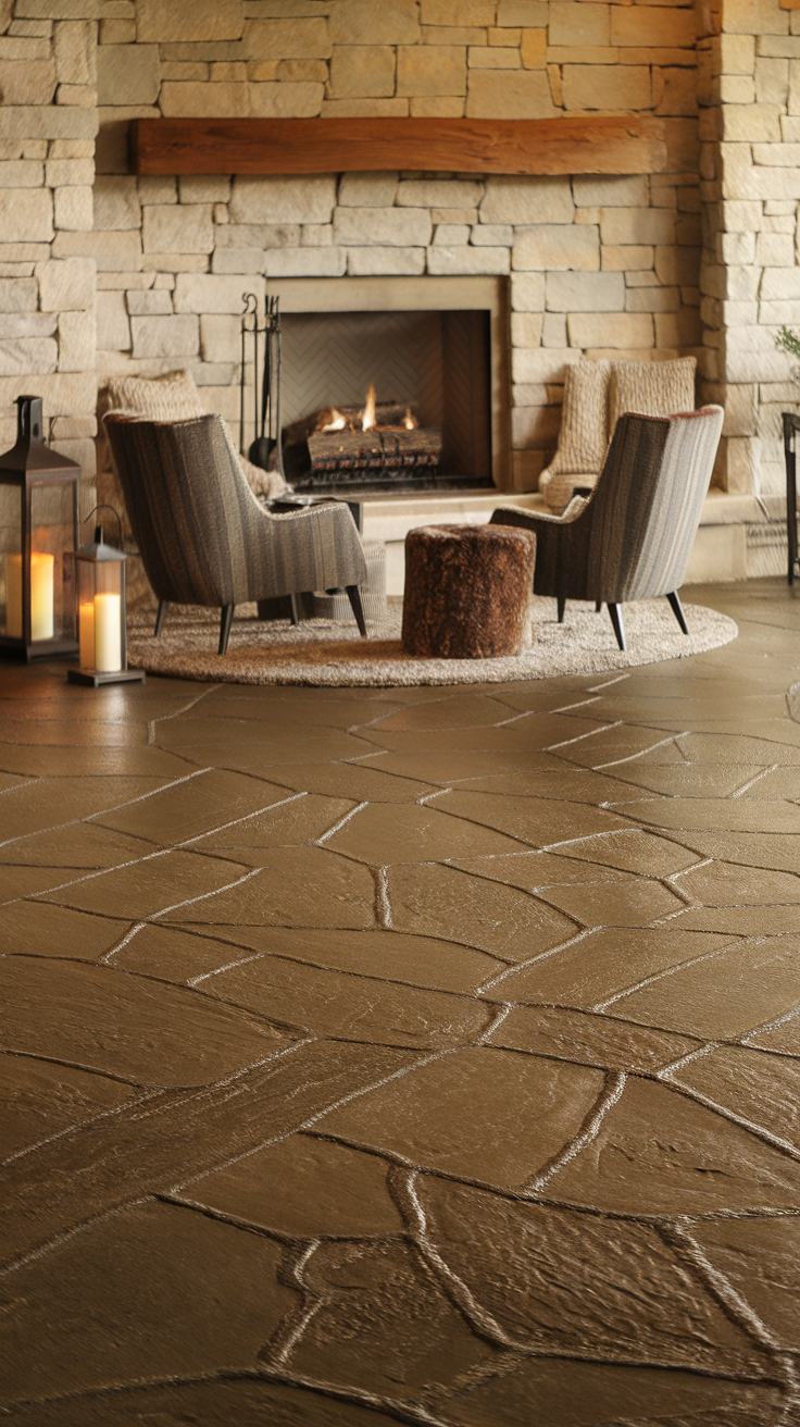 Cozy living area with textured stone finish flooring, featuring two chairs, a fireplace, and warm lighting.