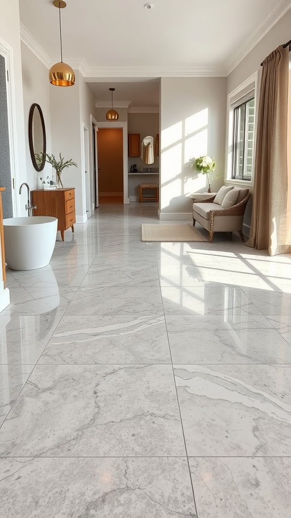 A spacious interior with textured stone finish epoxy flooring, showcasing natural patterns and light reflections.