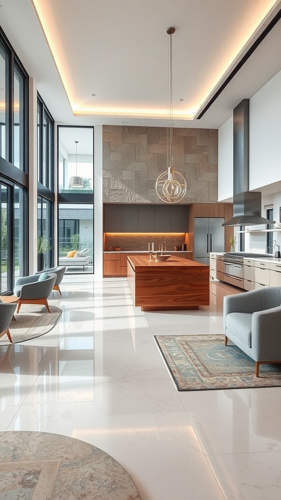 Modern kitchen with textured stone look epoxy floor and wooden kitchen island.