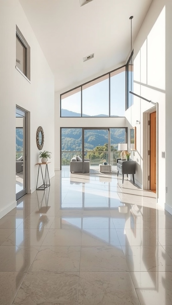 A stylish interior showing a modern design with large windows and a glossy floor, ideal for hillside homes.