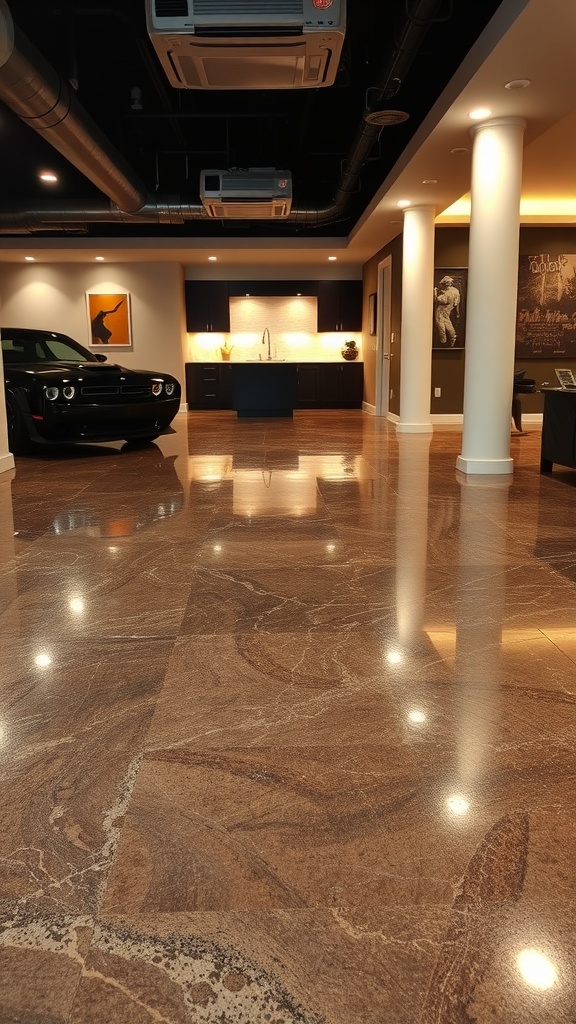 A modern basement with a glossy metallic epoxy floor, featuring a sleek car and stylish kitchen area.