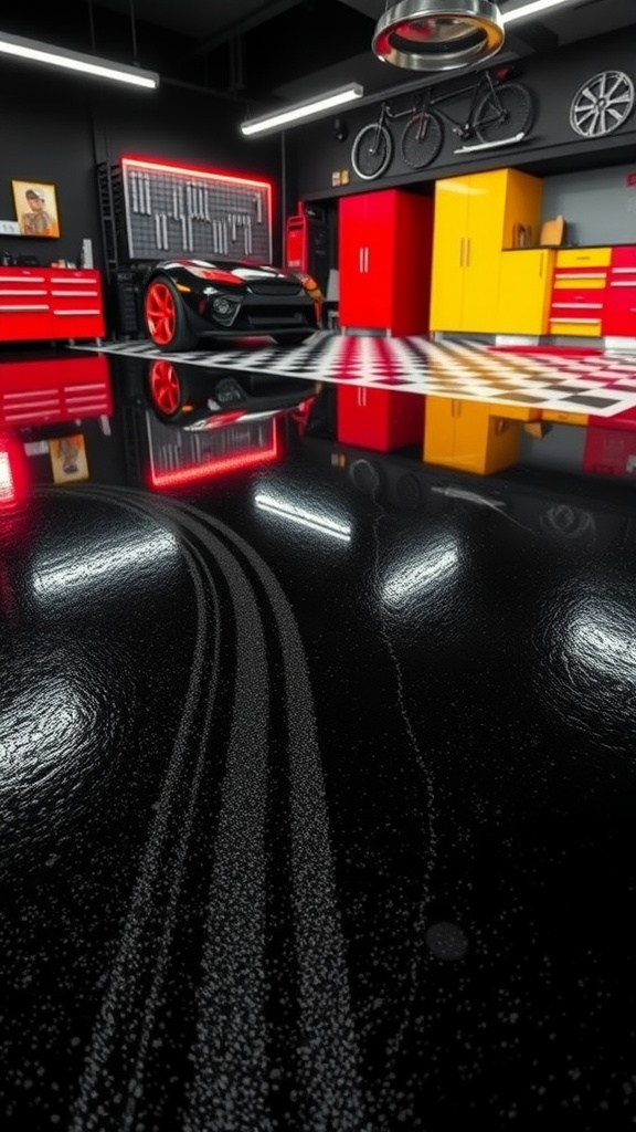 A modern garage with a glossy black epoxy floor showcasing a textured finish, reflecting vibrant colors and lighting.