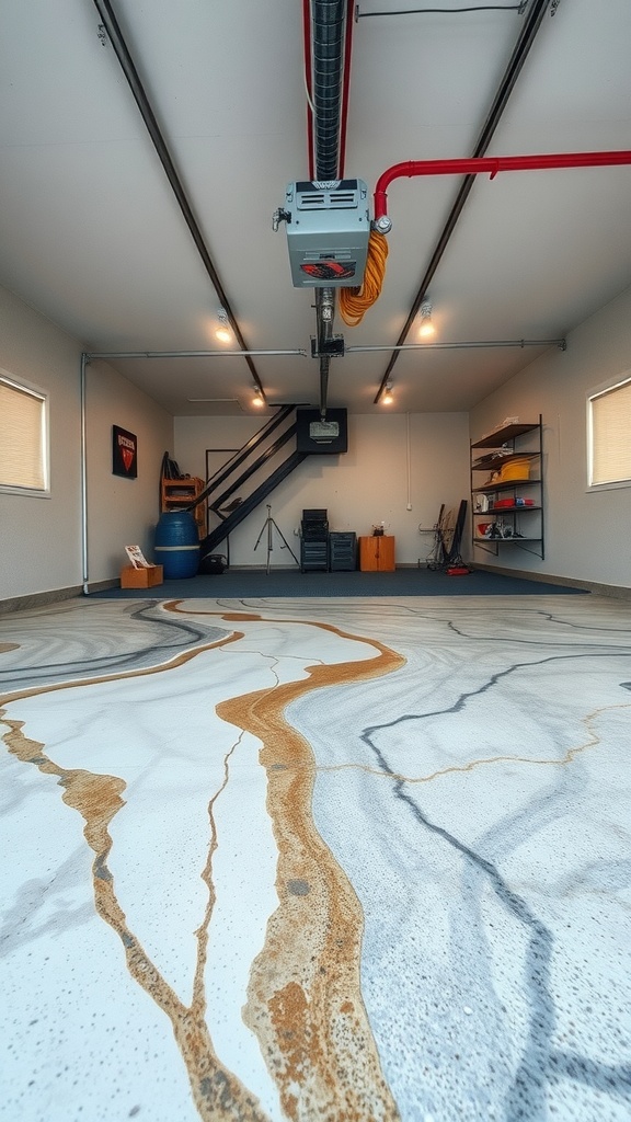 A well-organized garage with textured epoxy flooring, showing tools and equipment.