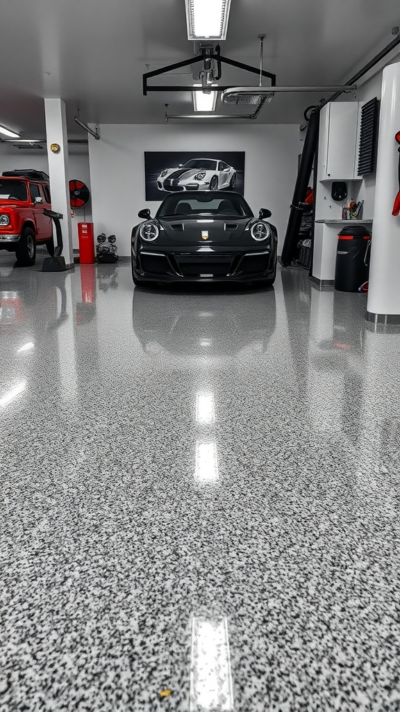 Luxury garage interior with a textured epoxy floor and a black sports car