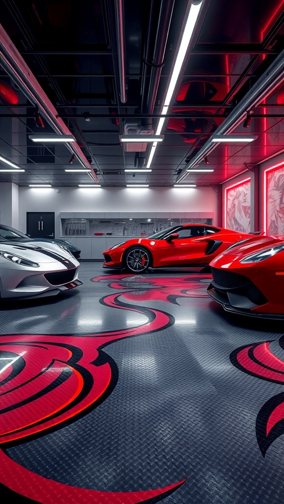 A stylish garage featuring red epoxy flooring with dynamic patterns and sleek cars.