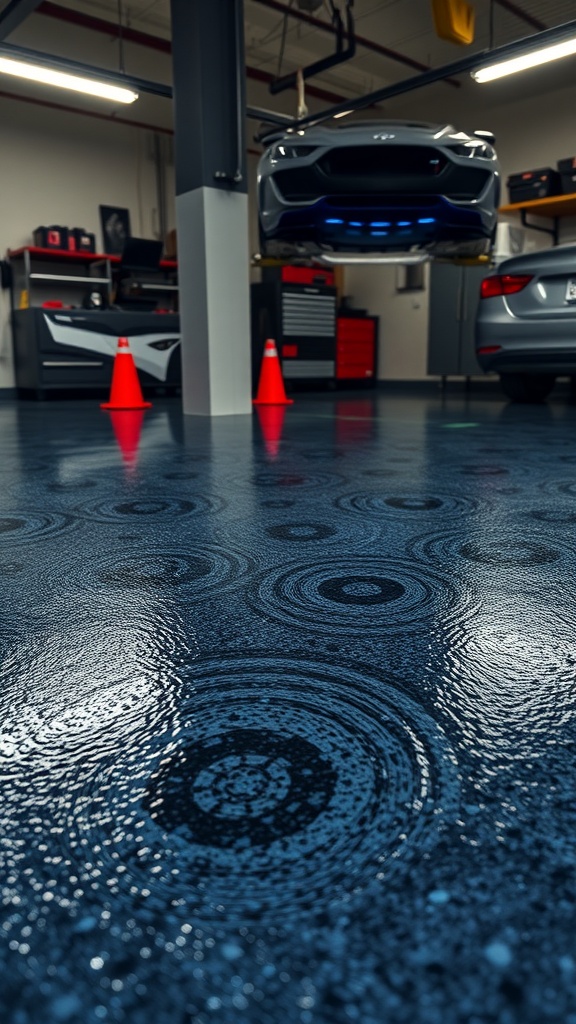A stylish garage with textured blue epoxy flooring and a car suspended above.