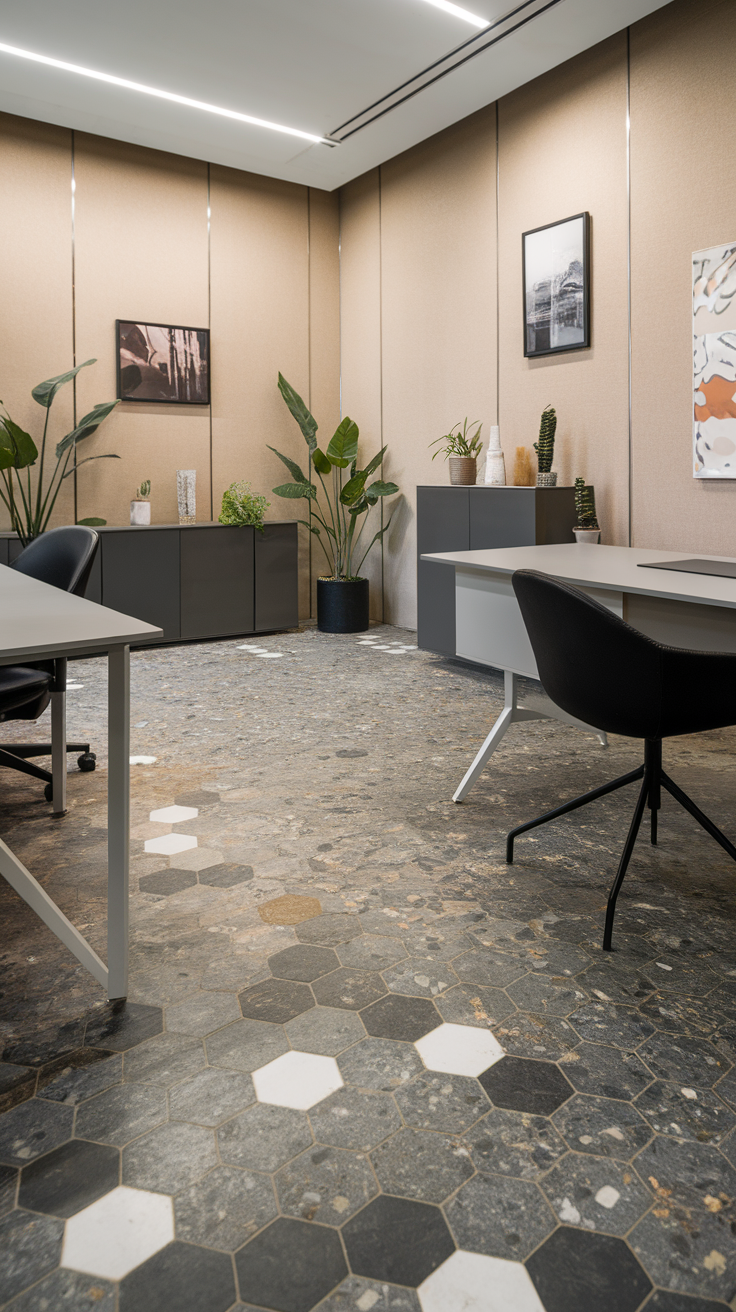 A modern office space featuring textured terrazzo style epoxy flooring with colorful chips and a sleek design.