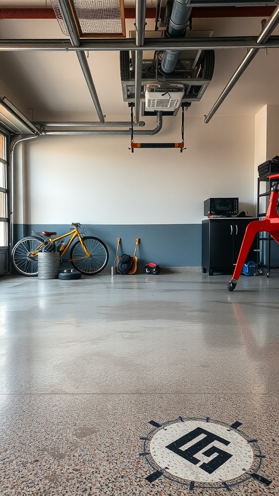 Modern garage with polished epoxy floor, bike, and organized tools.