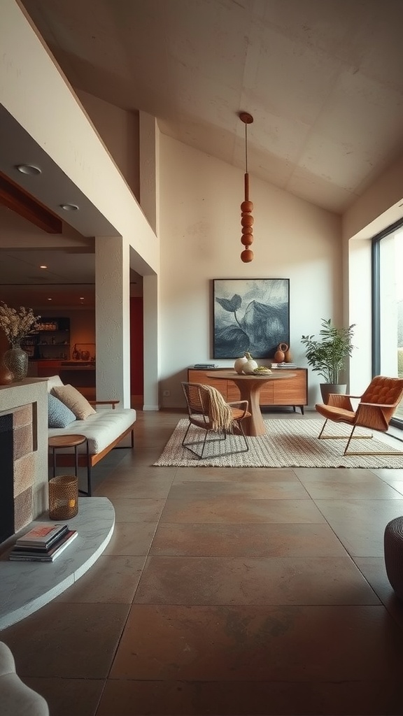 Rustic cement floor in a modern living room with tan tones and polished finish.