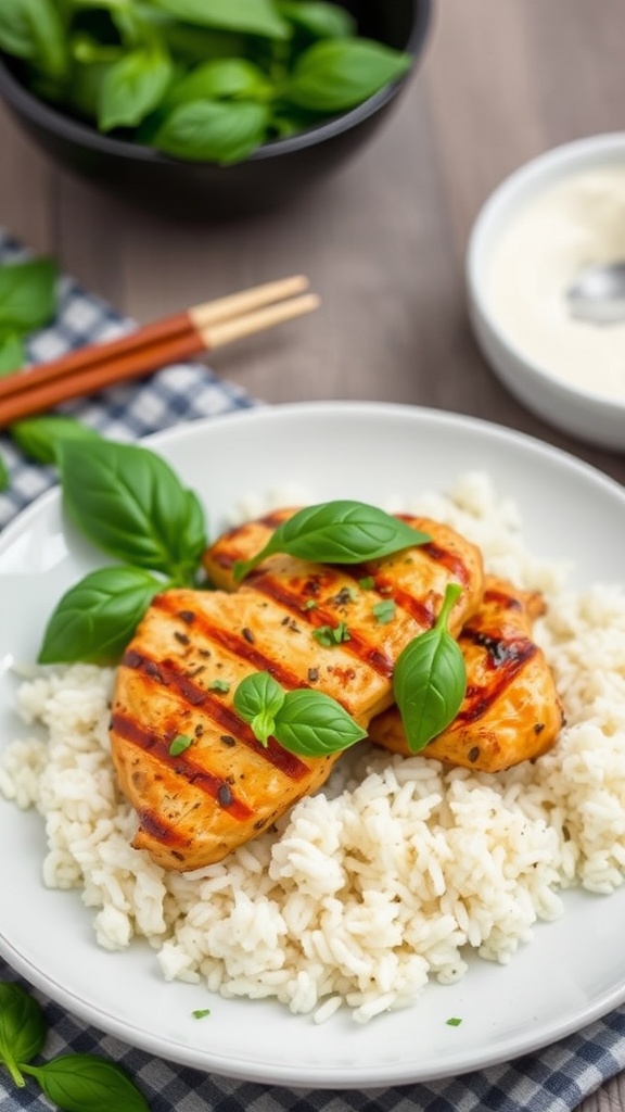 Thai Basil Grilled Chicken served on a bed of rice with fresh basil leaves