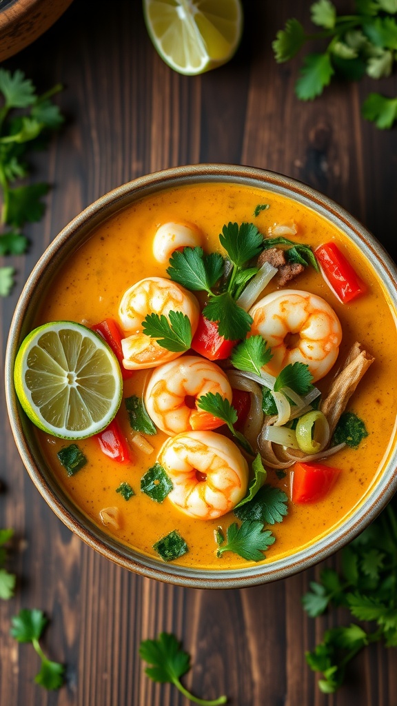 Bowl of Thai Coconut Curry Soup with shrimp and vegetables