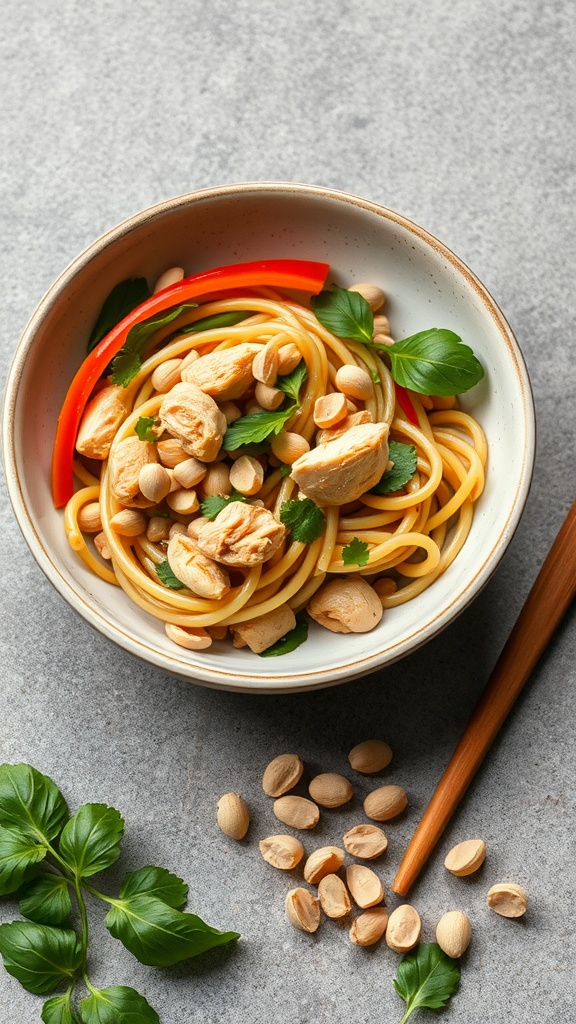 A bowl of Thai Peanut Chicken Pasta with chicken, noodles, and vegetables